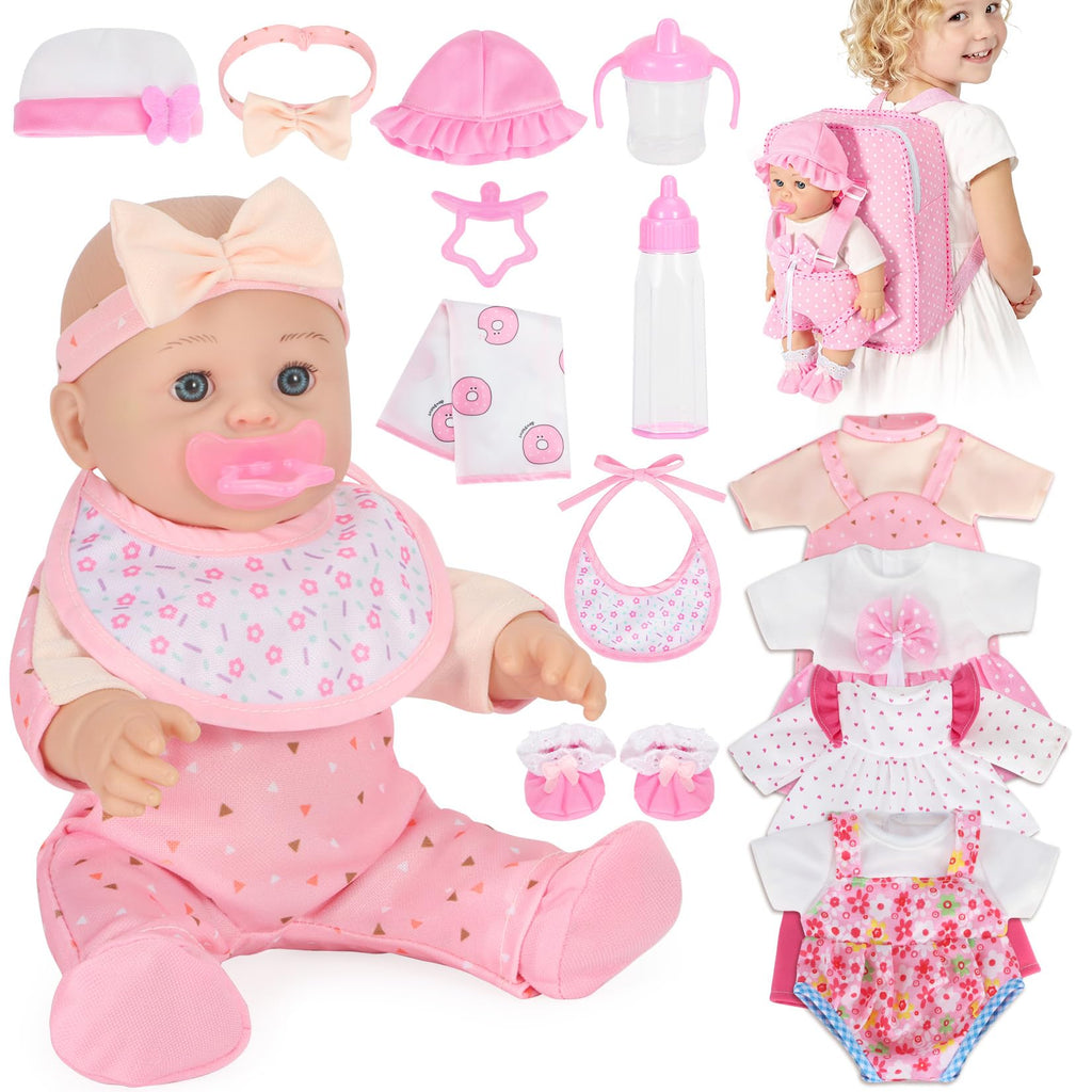 12'' Baby Doll Playset with 4 Outfits Backpack, 12 Inch Realistic Baby Dolls with Clothes Backpack and 2 Bottles Bib Quilt Nipple Socks, Pretend Play Baby Doll Gift for Toddlers Girls Age 3+