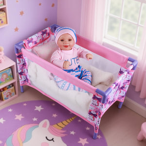 BABESIDE Baby Doll Crib Set for 18 Inch Dolls, Foldable Baby Doll Bed Playpen Toy Crib with Storage Bag for Reborn Baby Doll Accessories, Purple Babydoll Crib