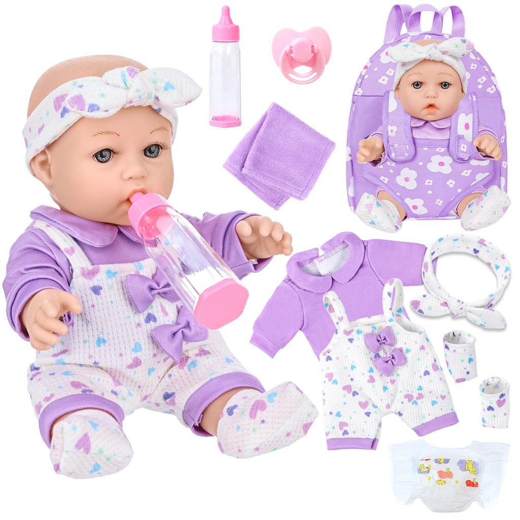 12" Baby Doll with Flower Pattern Backpack Carrier,12 Inch Realistic Baby Dolls with Clothes and Accessories Hanky Pacifier Bottle Diaper Toy Pretend Play Collection for 3+ Child Girls Gifts