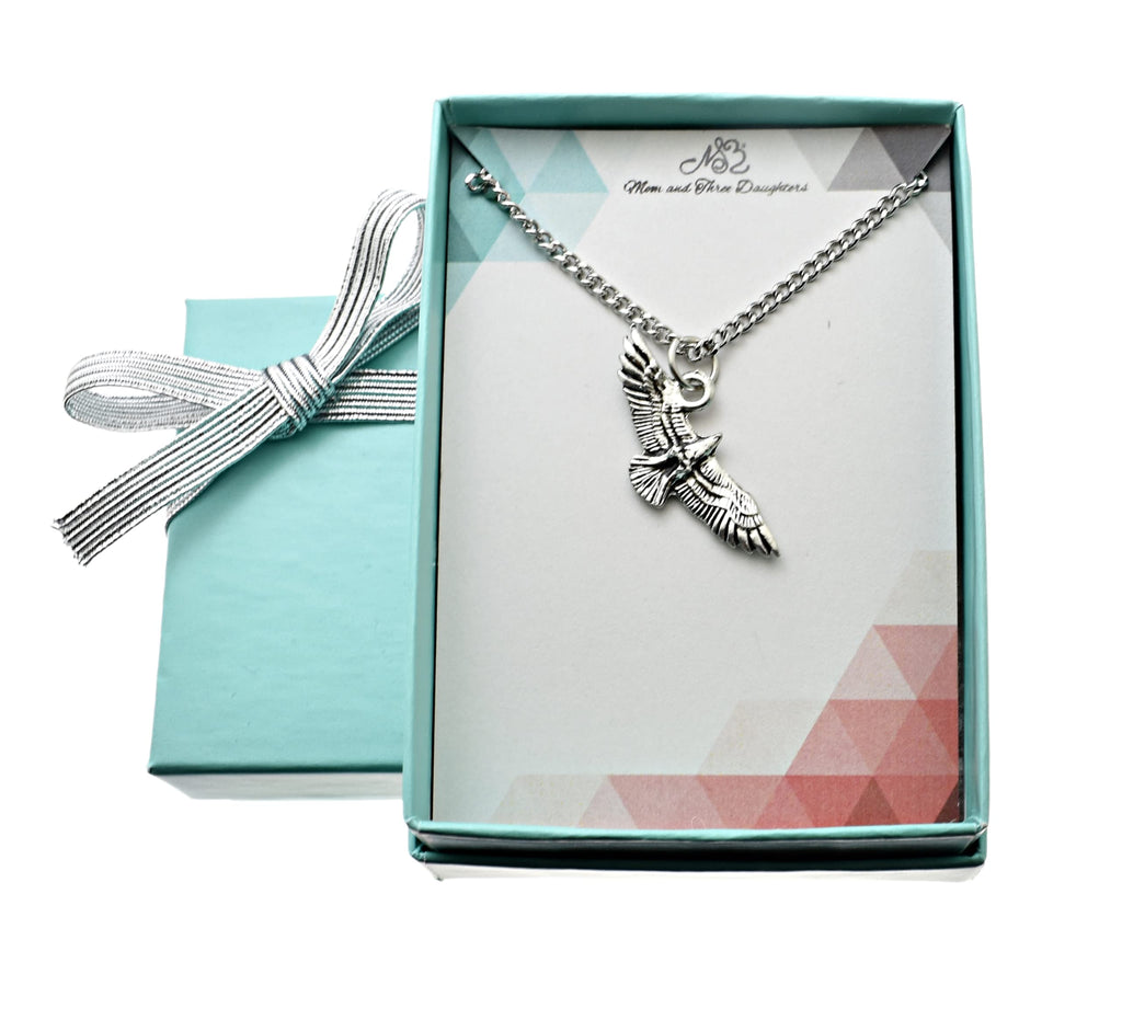 MOM & THREE DAUGHTERS Hawk Charm Pendant in Silver Pewter | 20" Stainless Steel Curb Chain | Gift for Bird Lovers | Memorial Gift