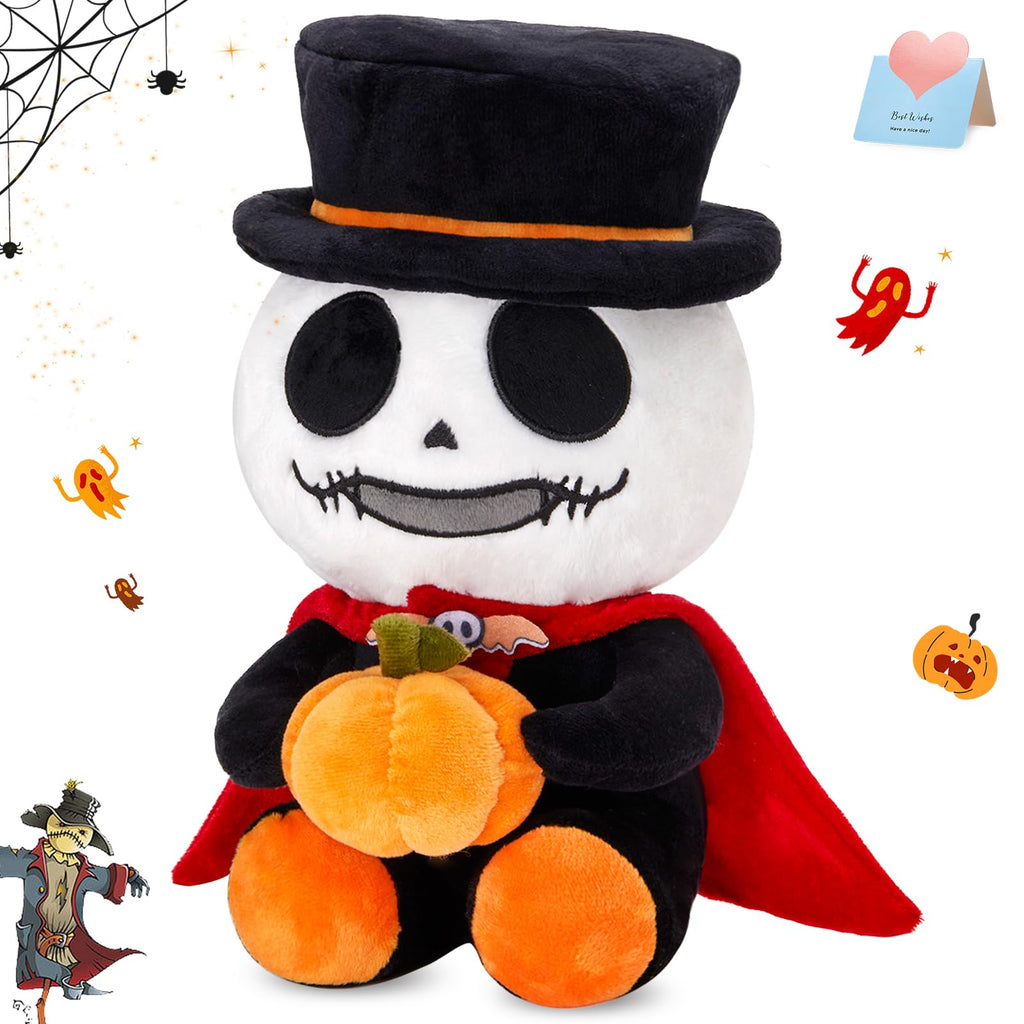 Skeleton Stuffed Animal with Red Cape Holding Pumpkin, Nightmare Xmas Skull Plush Doll, Skull Plushies Stuffed Toy Home Decor for Kids, 12"