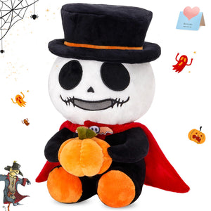 Skeleton Stuffed Animal with Red Cape Holding Pumpkin, Nightmare Xmas Skull Plush Doll, Skull Plushies Stuffed Toy Home Decor for Kids, 12"
