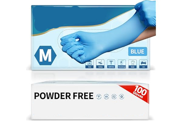 Box of disposable nitrile examination gloves with a person wearing gloves, and a package of powder-free nitrile gloves.