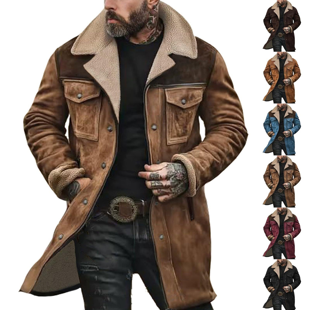 KGKLKAX Western Jackets for Men Vintage Cowboy Suede Jacket Plush Collar Coats Faux Leather Zip Up Casual Retro Winter Tops