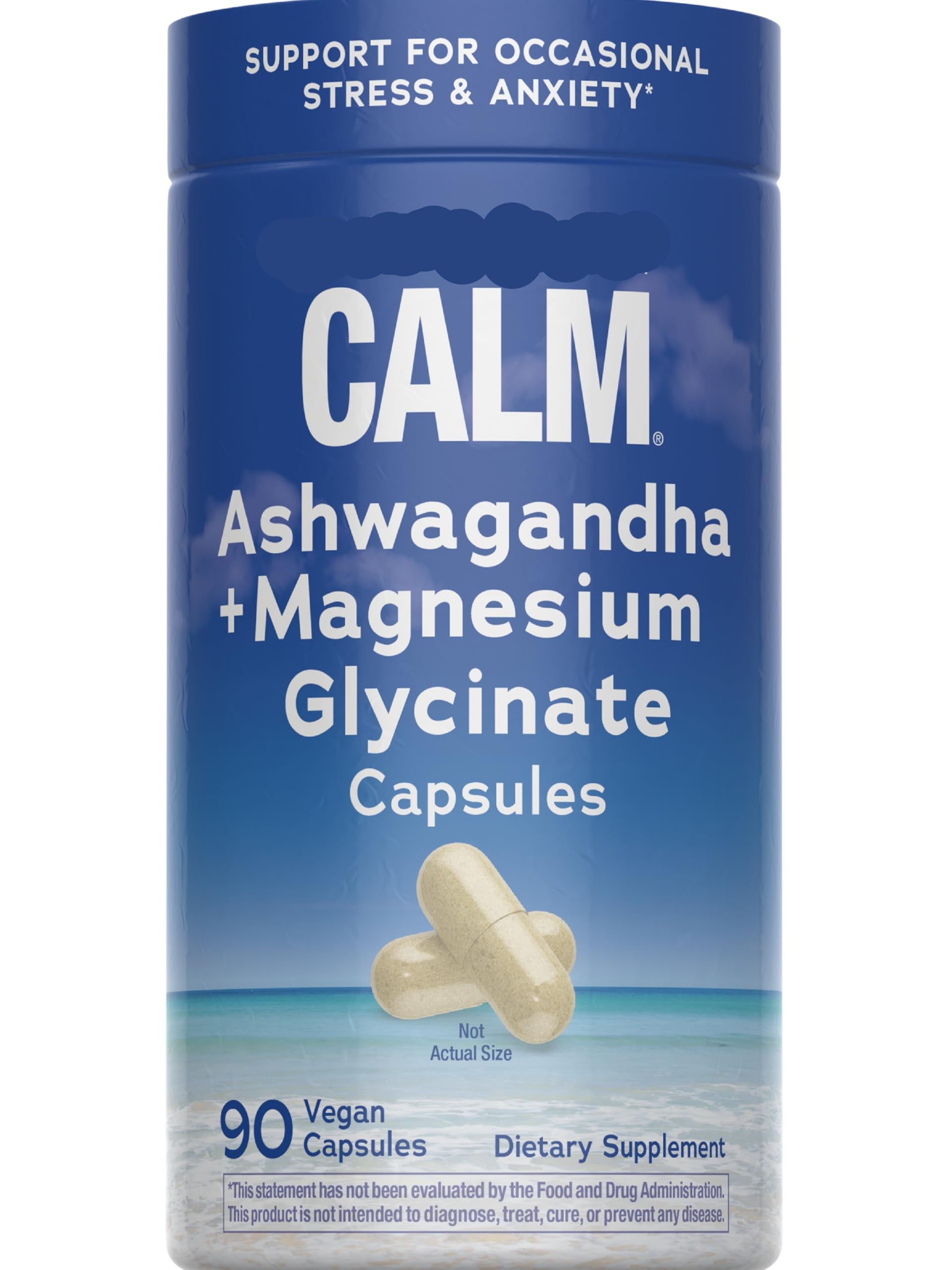 Supplement container labeled 'Calm' with Ashwagandha + Magnesium Glycinate Capsules on a blue background.