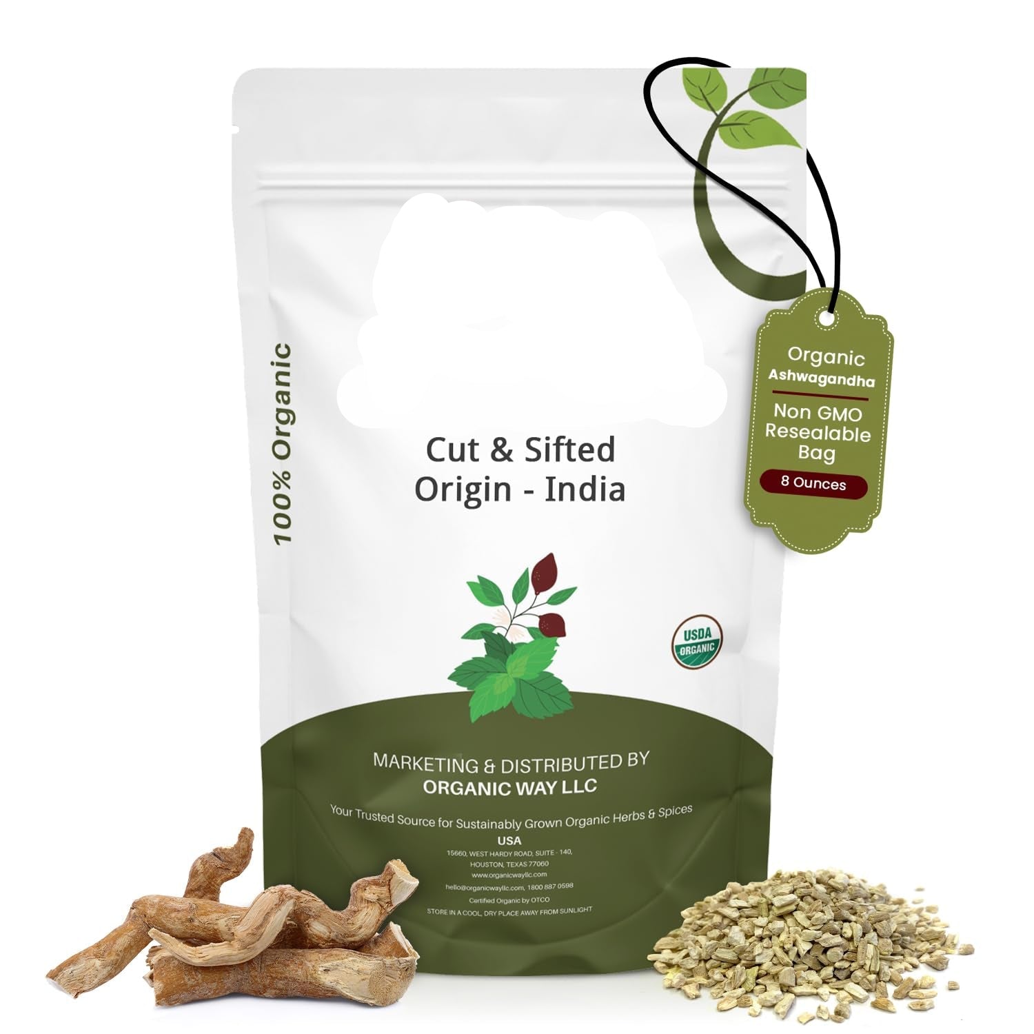 Package of Organic Way Ashwagandha with ashwagandha roots and seeds on a white background
