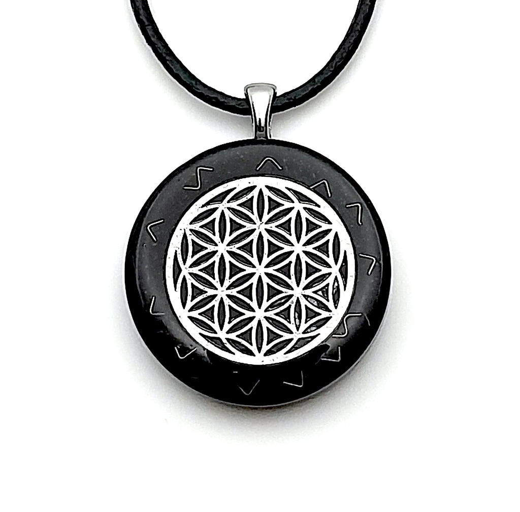 Orgone pendant with silver Flower of Life, Black Tourmaline and Shungite. Made in USA
