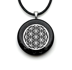 Orgone pendant with silver Flower of Life, Black Tourmaline and Shungite. Made in USA