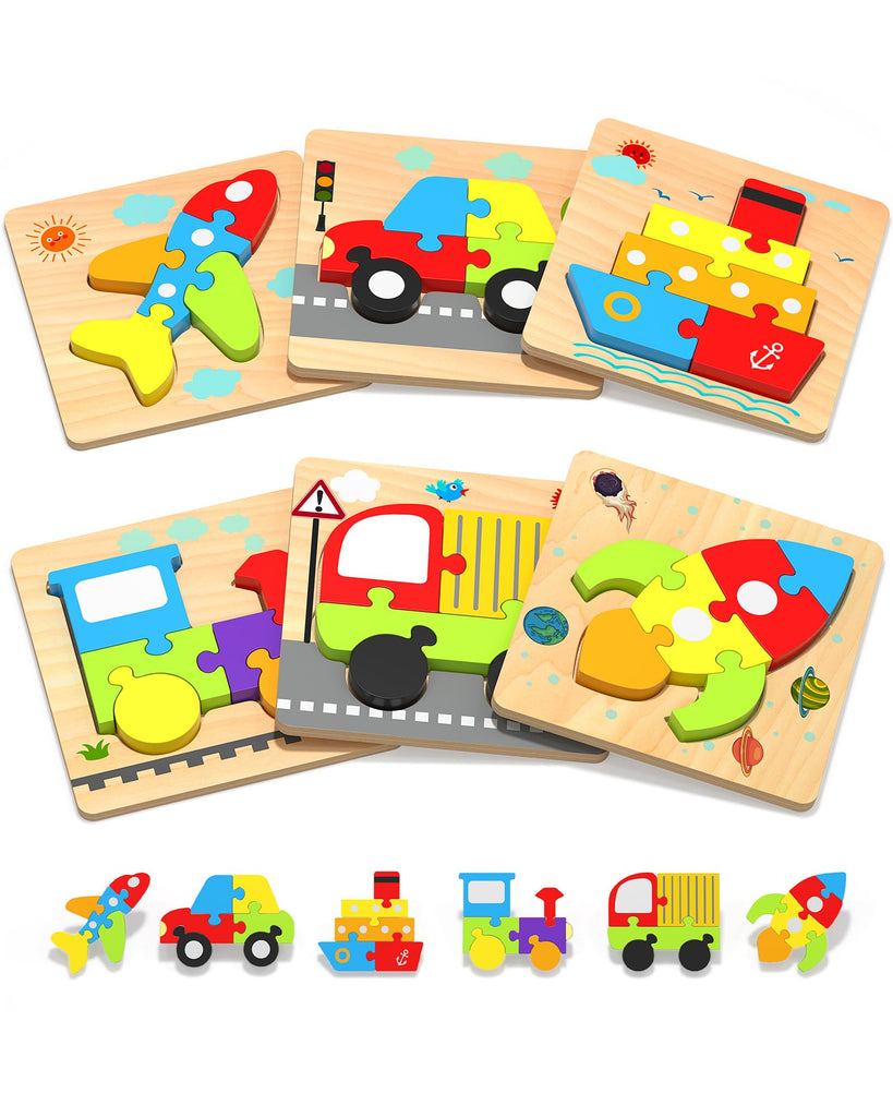 Yetonamr Wooden Toddler Puzzles Gifts Toys for 1 2 3 Years Old Boys Girls, 6 Vehicle Shape Montessori Toys Educational Blocks Stocking Stuffers Kids Gift Baby Learning Toy Age 1-3, 2-4
