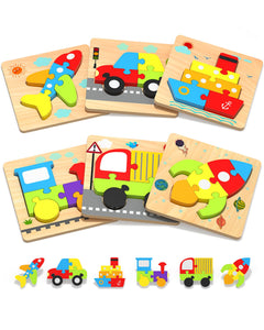 Yetonamr Wooden Toddler Puzzles Gifts Toys for 1 2 3 Years Old Boys Girls, 6 Vehicle Shape Montessori Toys Educational Blocks Stocking Stuffers Kids Gift Baby Learning Toy Age 1-3, 2-4