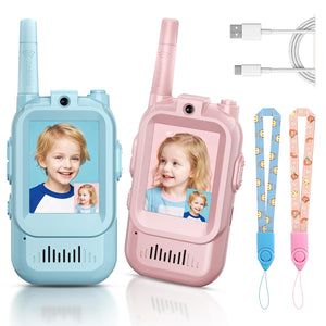 Kids Video Walkie Talkies, 2 Pack Long Range Walkie-Talkie for Kids, Rechargeable Video Call Toys for Indoor, Camping, Hiking, Travel, Christmas Birthday Gift for Boys Girls Age 3-5 (Blue/Pink)