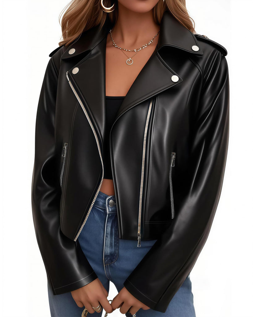 Ommiivex Women Leather Jacket Faux Cropped Coat Cute Short Zip Up for Casual Rock Concert Game Day Edgy Vintage Outfit