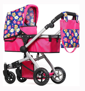 Fash N Kolor | Foldable Pram for Baby Doll with Flower Design with Swiveling Wheel Adjustable Handle Bassinet Stroller with Baby Doll, Convertible Seat, and Basket, and Free Carriage Bag