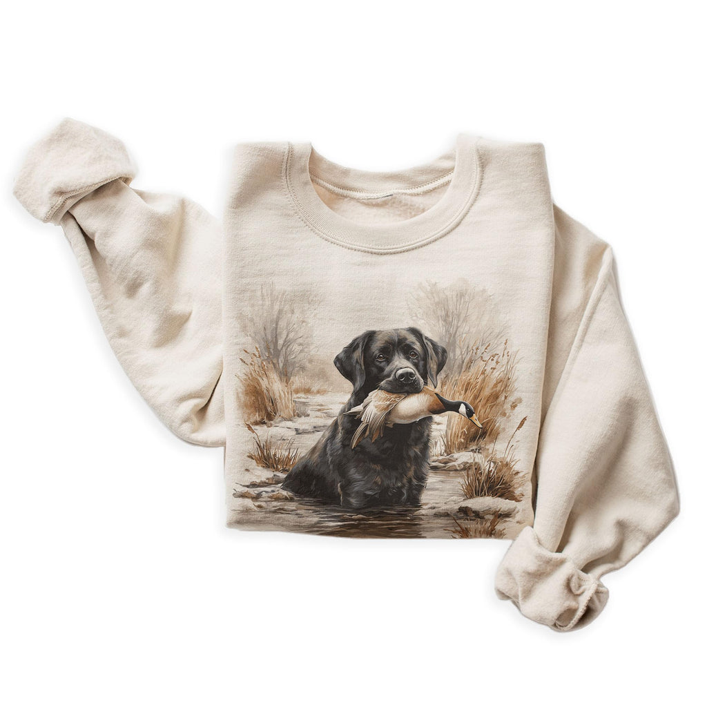 Vintage Black Lab Goose Hunting Creek Scene Sweatshirt - 90s Retro Labrador Retriever Dog Gift - Scenic Winter Nature Sweater - Unisex Graphic Crewneck Pullover