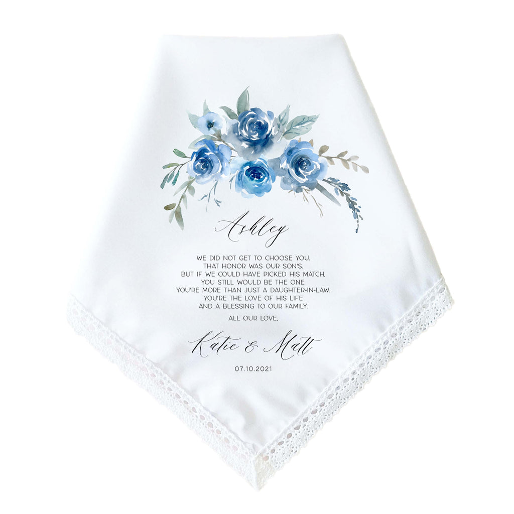 Daughter in Law Wedding Gift | Personalized Wedding Handkerchief Gift for Daughter in Law | Something Blue Gift for Bride | Bridal Shower Gift from Mother in Law, In Laws