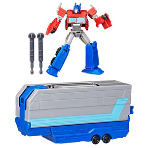 Transformers EarthSpark Optimus Prime Battle Trailer Playset with Action Figure, Lights and Sounds, Electronic Truck Toys for Kids 6 and Up