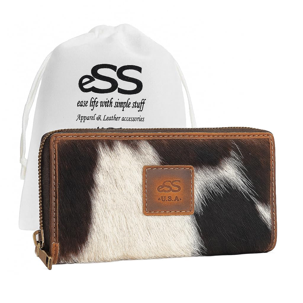 ESS Real Cowhide Leather Wallets for Women - Zipper Western Purse RFID Blocking - Clutch wallet for women - 8 credit card slot with zippered pocket- Best Gifts (7.25 x 3.75) inches