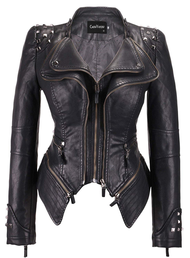 chouyatou Women's Fashion Studded Perfectly Shaping Faux Leather Biker Jacket