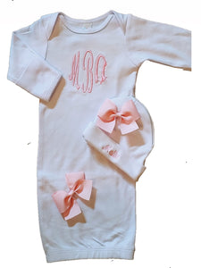 Newborn Girl Coming Home Outfit Monogrammed Layette Gown with Beanie Layette Set Baby Shower Gifts White Pink 0 to 3 Months
