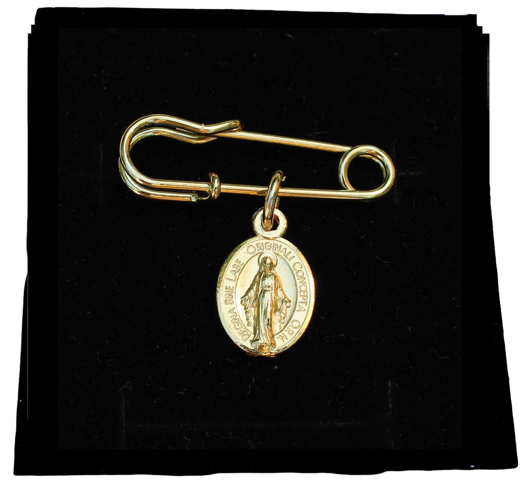 TINY Gold Tone Miraculous Medal, Our Lady of Grace Medal Safety Pin Brooch, Garment Pin, Baptism, Confirmation, First Holy Communion Pin