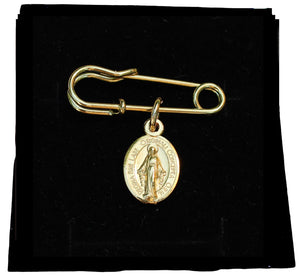 TINY Gold Tone Miraculous Medal, Our Lady of Grace Medal Safety Pin Brooch, Garment Pin, Baptism, Confirmation, First Holy Communion Pin