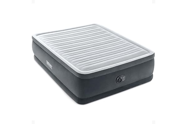 Intex Dura-Beam Deluxe Comfort-Plush Elevated: Fiber-Tech – Queen Size – Built-in Electric Pump – 18in Bed Height – 600lb Weight Capacity