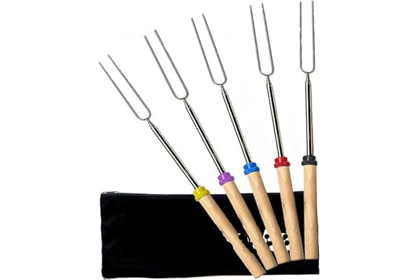 Set of five metal skewers with wooden handles and a black carrying case featuring a logo.