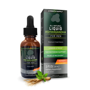 Bottle and box of all natural liquid ashwagandha for men on a white background