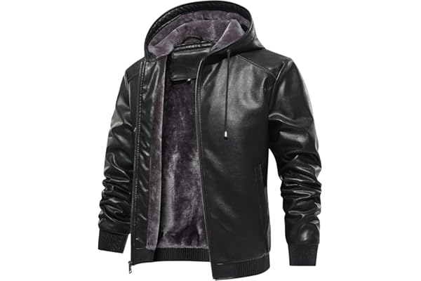 FANARCHER Men’s Faux Leather Jacket Fleece Padded Bomber Motorcycle Jacket with Hood