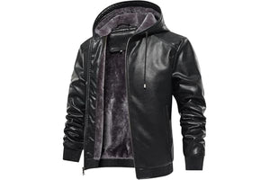FANARCHER Men’s Faux Leather Jacket Fleece Padded Bomber Motorcycle Jacket with Hood