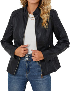 Bellivera Faux Leather Jacket Women Motorcycle Zipper Bomber PU Bike Coat with Pockets