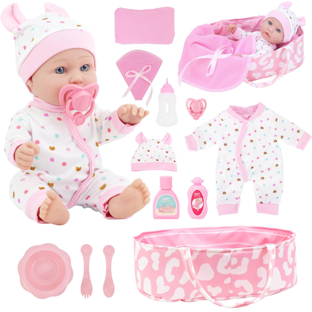 ZITA ELEMENT 12? Baby Doll Sleeping Basket Set in Gift Box - 13 Piece Soft Baby Doll with Accessories, for Girls Ages 3+