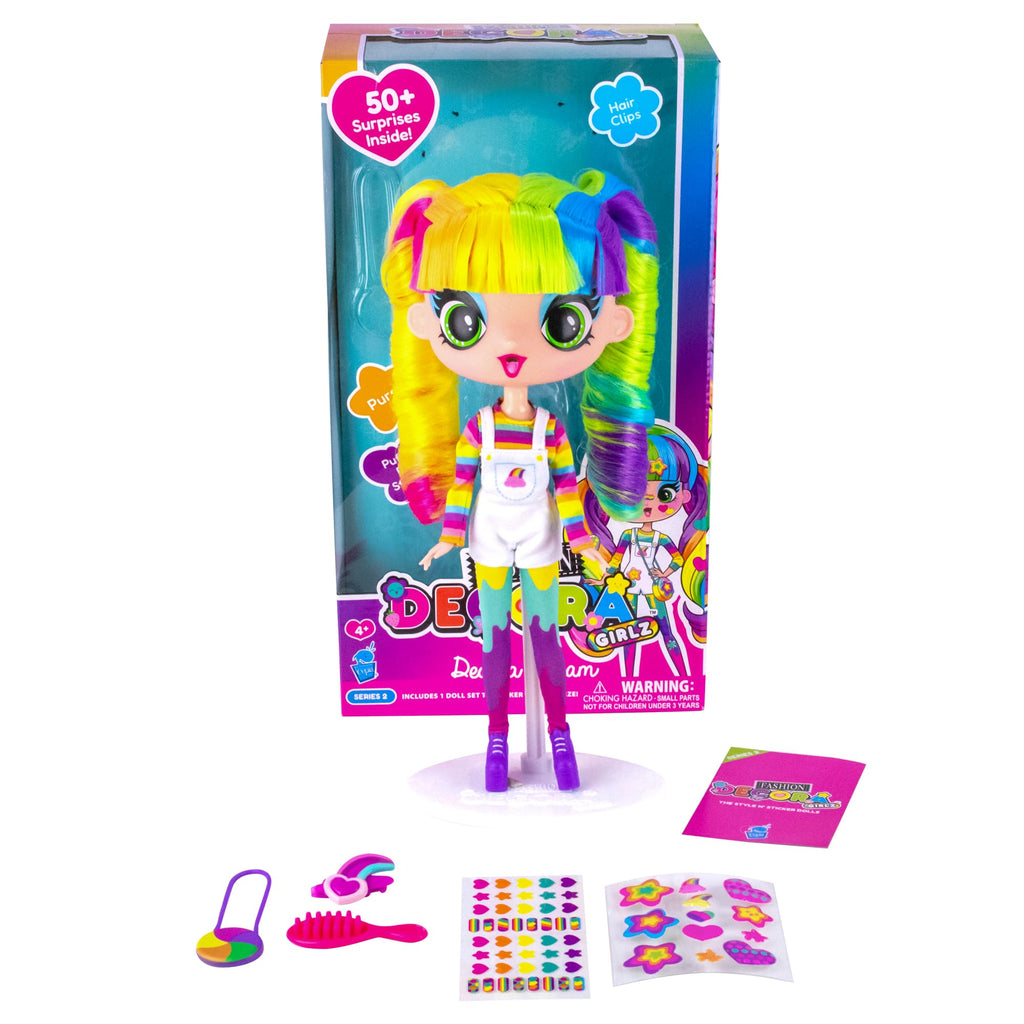 Decora Fashion Girlz Doll – Decora Dream 11” Poseable Fashion Doll with Extra-Long Rainbow Hair, 50+ Surprises, Fabric Outfit, Removable Stickers, Accessories & Doll Stand, Collectible for Girls 4–9