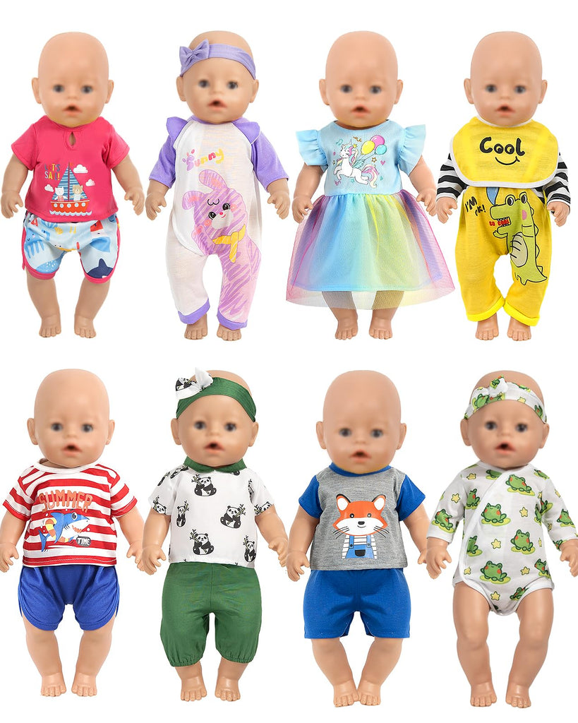 ARTST Baby Doll Clothes, 8 Set 14-16 inch Baby Doll Accessories Outfit Pajamas with Headbands Valentine's Gift for 43cm New Born, 15 inch Bitty,16 inch Boys(NO Doll)