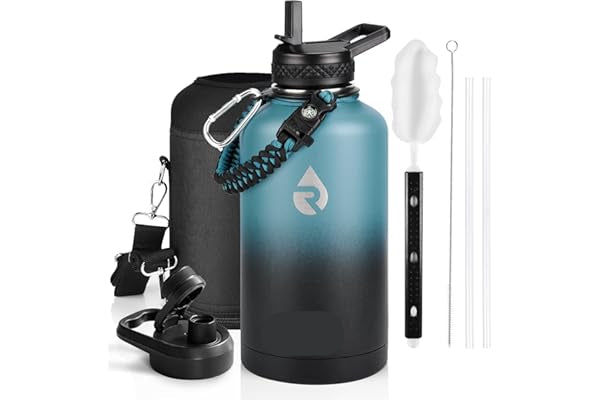 Blue water bottle with accessories on a white background