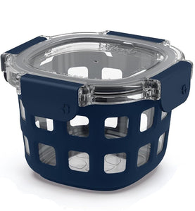 Navy blue and clear container with dimensions and capacity details on a white background, featuring the 'ello' brand.