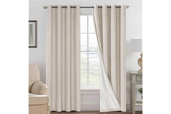H.VERSAILTEX Linen 100% Blackout Curtains for Bedroom Full Light Blocking Curtains, Textured Window Curtain for Living Room 84 inch Grommet, Energy Efficient Curtains White Liner(2 Panels, Natural)