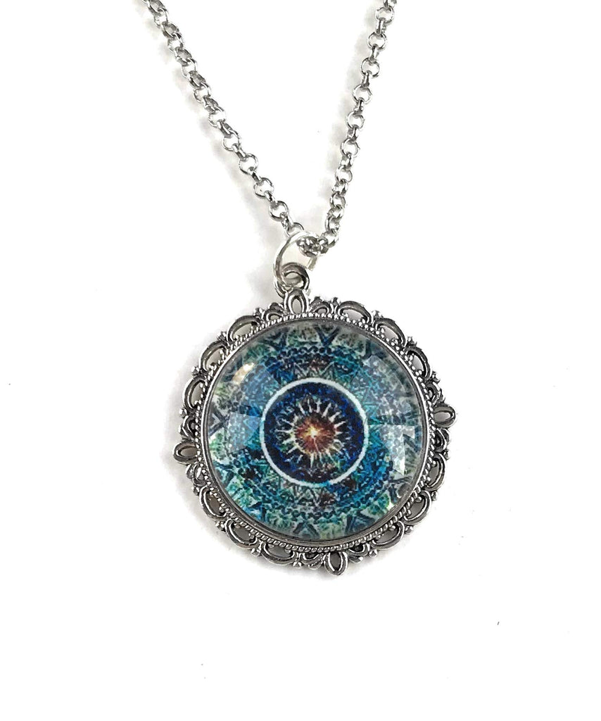 Fern & Filigree Blue Mandala Necklace - Bohemian Pendant for Women - Handmade Meditation Jewelry