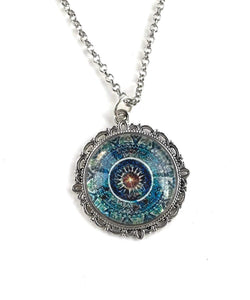 Fern & Filigree Blue Mandala Necklace - Bohemian Pendant for Women - Handmade Meditation Jewelry