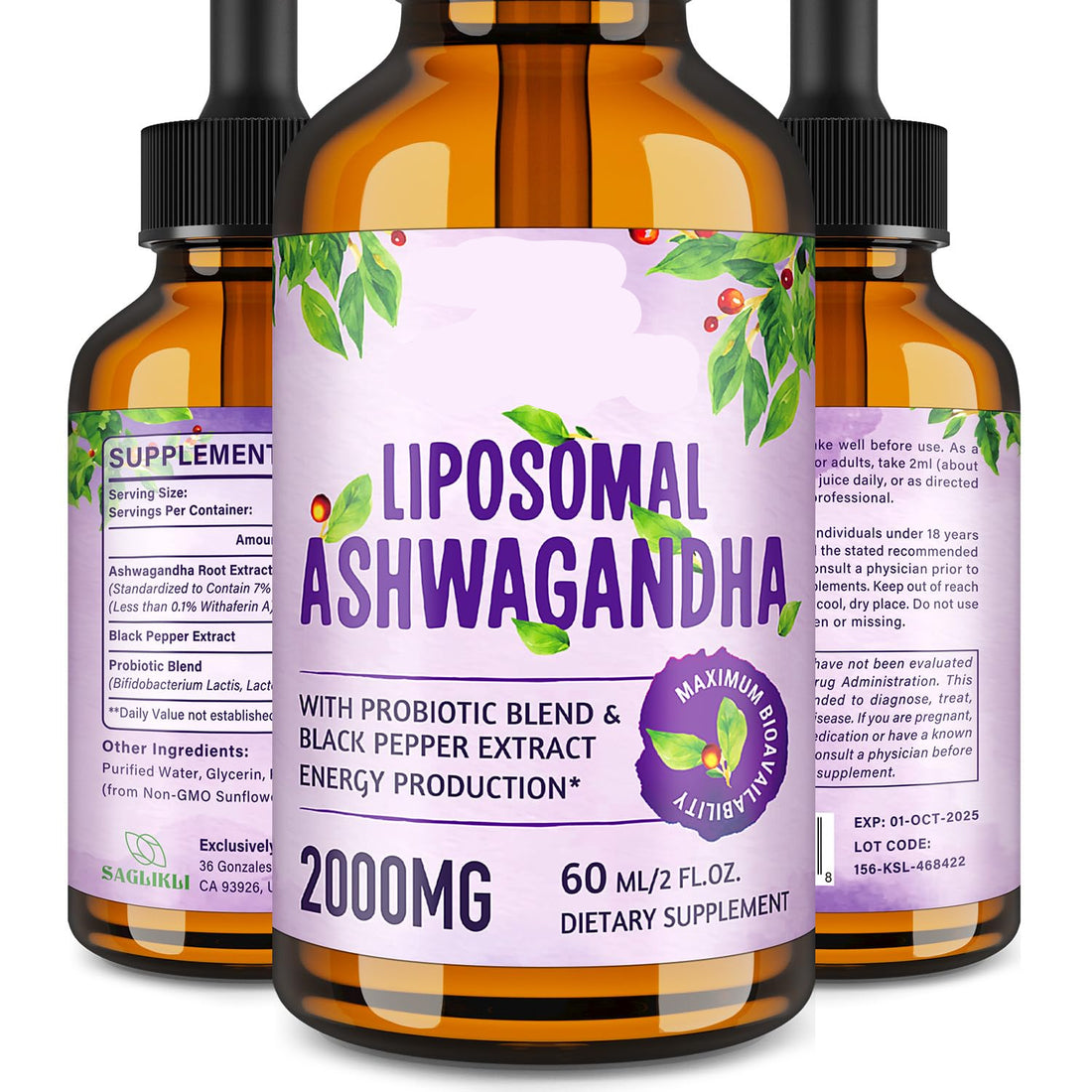Three bottles of Saggbkli Liposomal Ashwagandha supplement on a white background