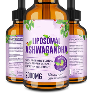 Three bottles of Saggbkli Liposomal Ashwagandha supplement on a white background