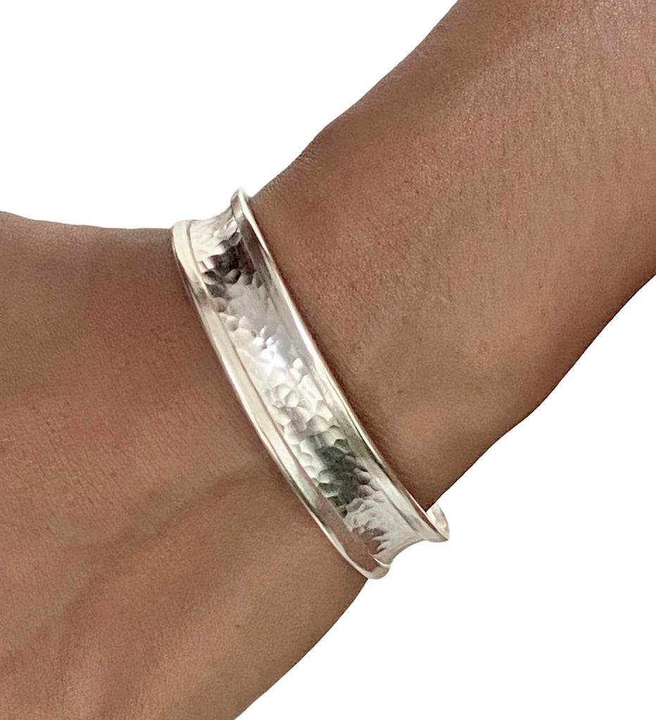 Hammered Sterling Silver Handmade 1/2 inches Wide Cuff Bracelet, Minimalist Shiny Silver Slight Concave and Framed Edges, Gift for Her