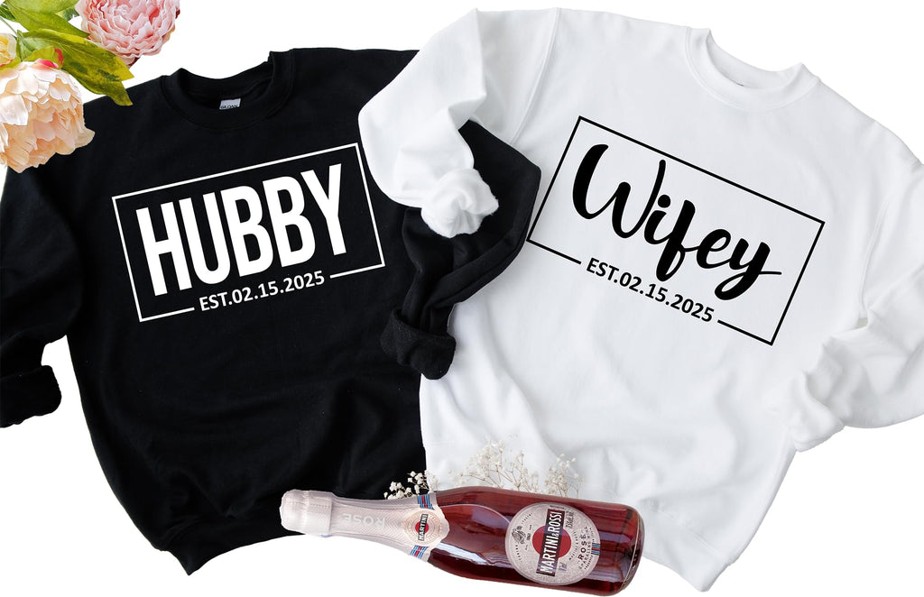 Merrvey Wifey Sweatshirt and Hubby Sweatshirt Wedding Gifts for Bride and Groom Est Date Matching Couple Sweaters for Honeymoon