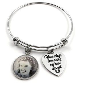 Loss of Loved One In Memory Custom Photo Stainless Steel Wire Wrap Charm Bangle Bracelet, Personalized Picture Pendant, Memorial Jewelry, Your Wings were ready my Heart was not