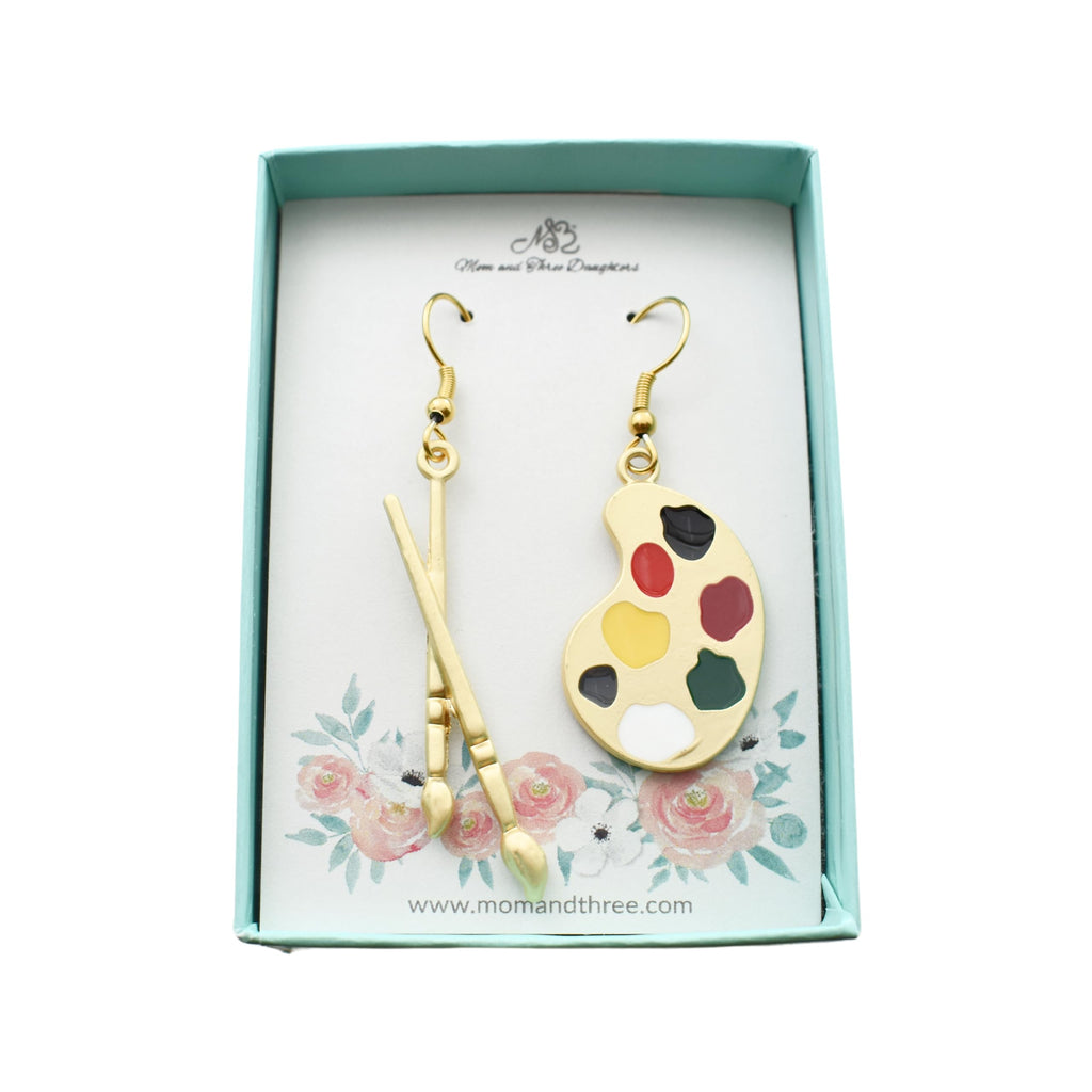 Artist Palette & Brush Earrings – Gold-Tone Enamel Jewelry | Hypoallergenic Stainless Steel Gift for Art Teachers, Painters, Makeup Artists | Handmade by Mom & Three Daughters