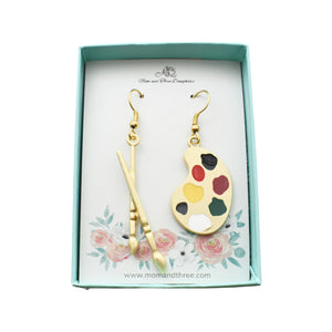 Artist Palette & Brush Earrings – Gold-Tone Enamel Jewelry | Hypoallergenic Stainless Steel Gift for Art Teachers, Painters, Makeup Artists | Handmade by Mom & Three Daughters