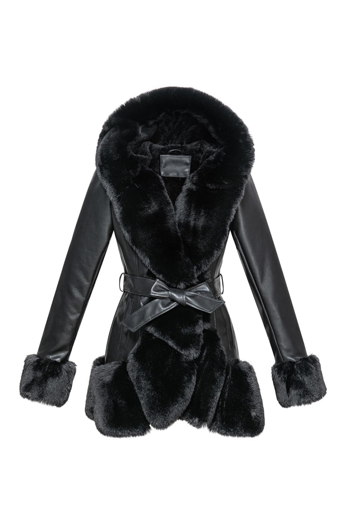 GRAN ORIENTE Women's Faux Leather Coat with Faux Fur Collar,Winter Warm Belted Mid Length Trim Jacket Fur Lined with Hood