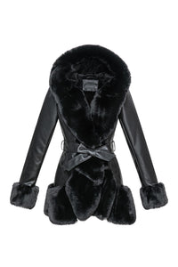 GRAN ORIENTE Women's Faux Leather Coat with Faux Fur Collar,Winter Warm Belted Mid Length Trim Jacket Fur Lined with Hood
