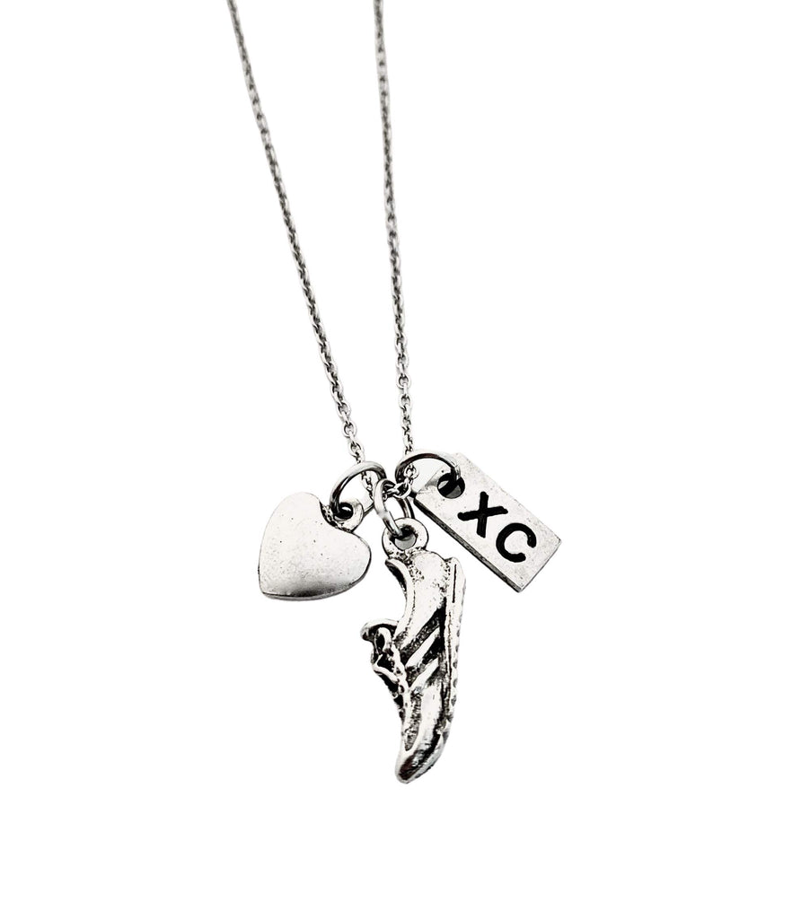THE RUN HOME Pewter Love to Run XC Cross Country Necklace - Pewter Heart, Running Shoe & XC Charm on 18" Stainless Steel Cable Chain