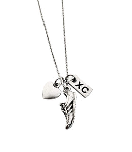 THE RUN HOME Pewter Love to Run XC Cross Country Necklace - Pewter Heart, Running Shoe & XC Charm on 18" Stainless Steel Cable Chain